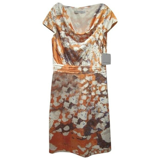 Andrew Marc Tangerine Taupe White Blue New York Multi Color Abstract Cowl Neck Sheath Short Dress