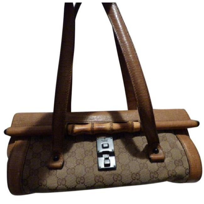 Gucci Guccissima Print Canvasleather Bamboo Bullet Tan Leather Satchel