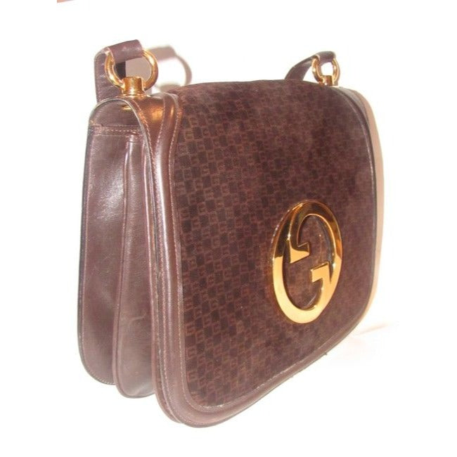 Gucci Blondie, brown square G logo print suede and brown leather, saddle bag style, shoulder bag with large, gold 'GG' cut-out