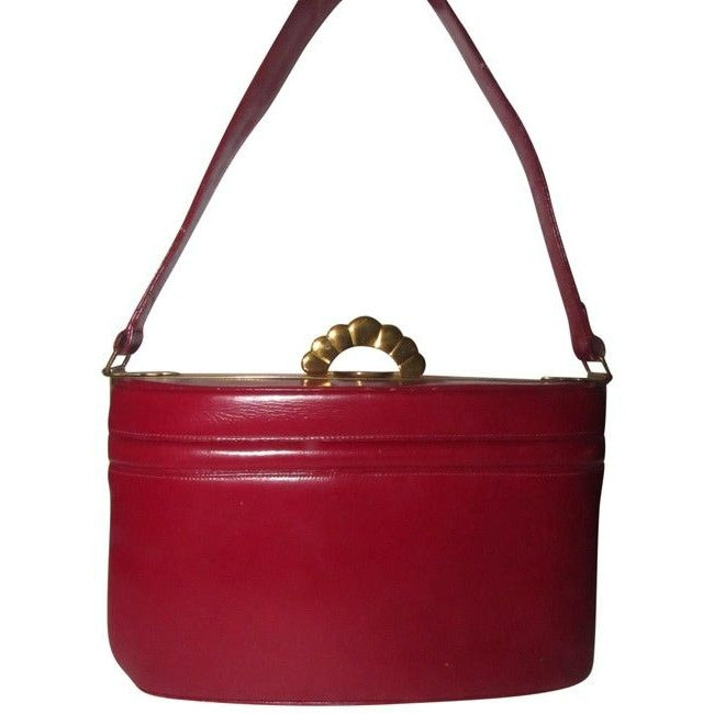 Evans Vintage True Red Leather And Engraved Gold Frame And Clasp Satchel