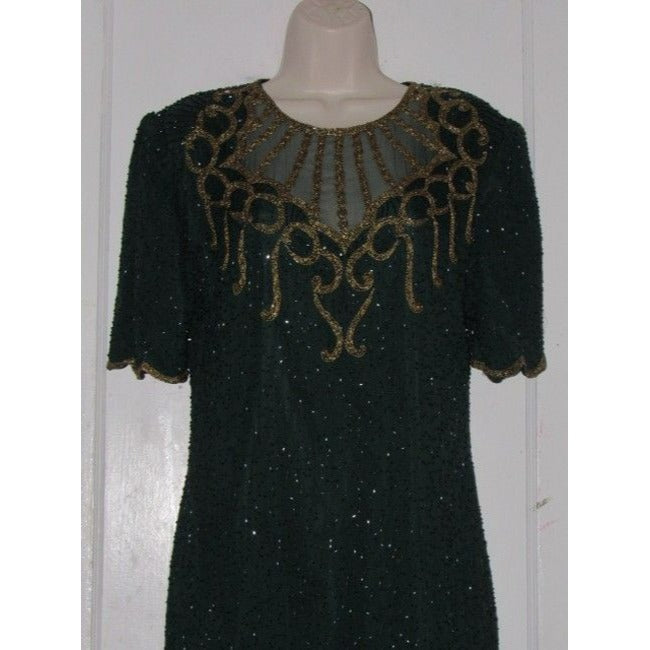Green With Hand Stitched Geometric Beaded Design In Sapphire Blue And Gold Vintage Dress