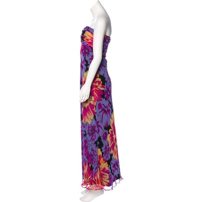 David Meister Multi Colored Print Silk With A Rusched Strapless Top