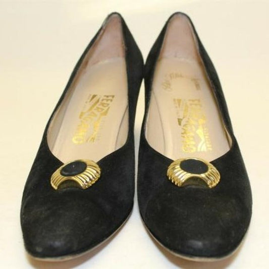 Salvatore Ferragamo black suede kitten Heels with round, scalloped gold and enamel, buckle accents!