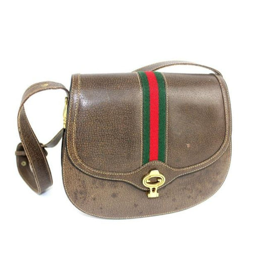 Gucci W Saddle Style Purse Red Green Stripe Brown Leather Shoulder Bag