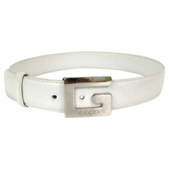 GUCCI White Tom Ford Era Chrome Square G Buckle