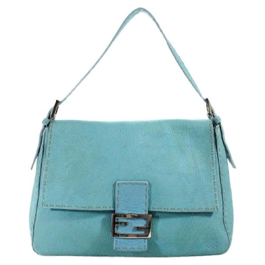 Fendi Light Turquoise Blue Leather Mamma Selleria Purse With Taupe Contrast Stitching & Chrome Hardware