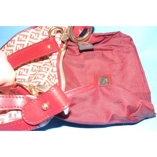 Fendi Chef Shoulder Purse Red Zucchino Print On Tan Leather And Canvas Hobo Bag