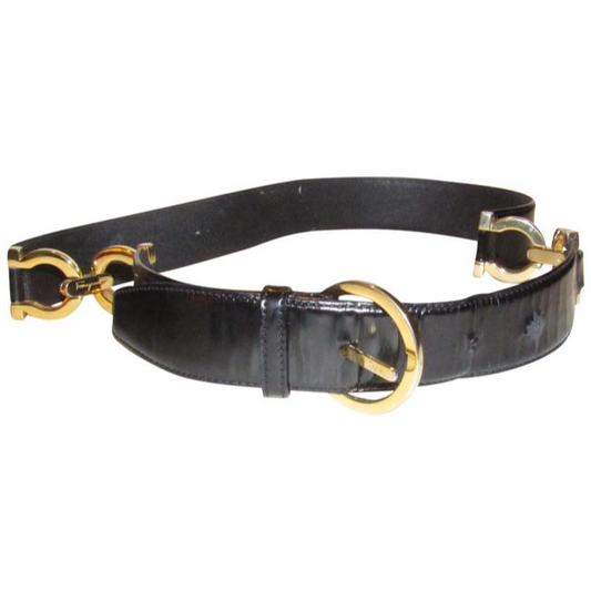 Ferragamo Black Leather Belt w Gold Gancini Accents