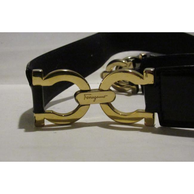 Ferragamo Black Leather Belt w Gold Gancini Accents