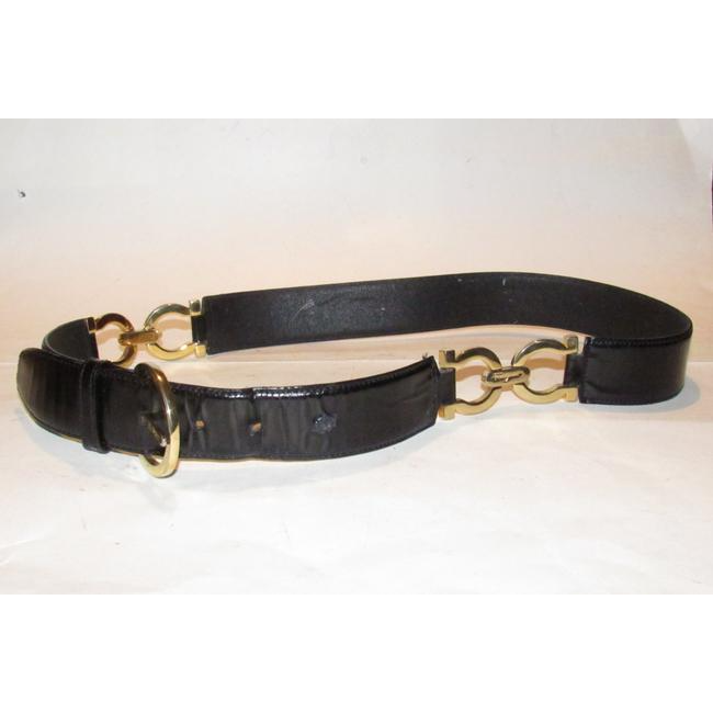 Ferragamo Black Leather Belt w Gold Gancini Accents