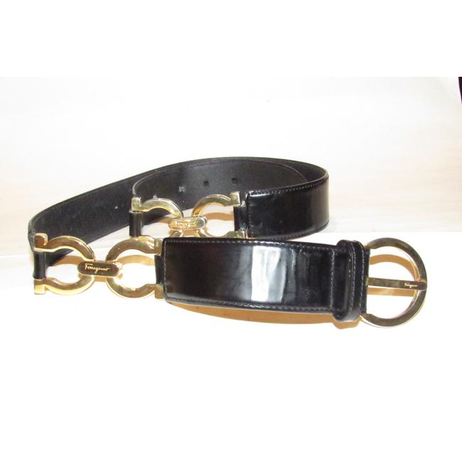 Ferragamo Black Leather Belt w Gold Gancini Accents