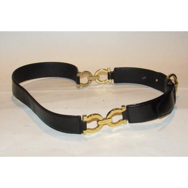 Ferragamo Black Leather Belt w Gold Gancini Accents