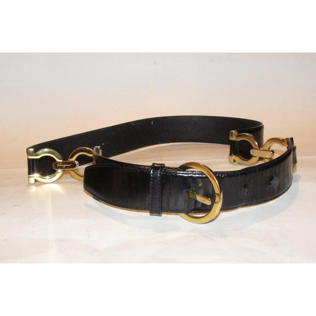 Ferragamo Black Leather Belt w Gold Gancini Accents