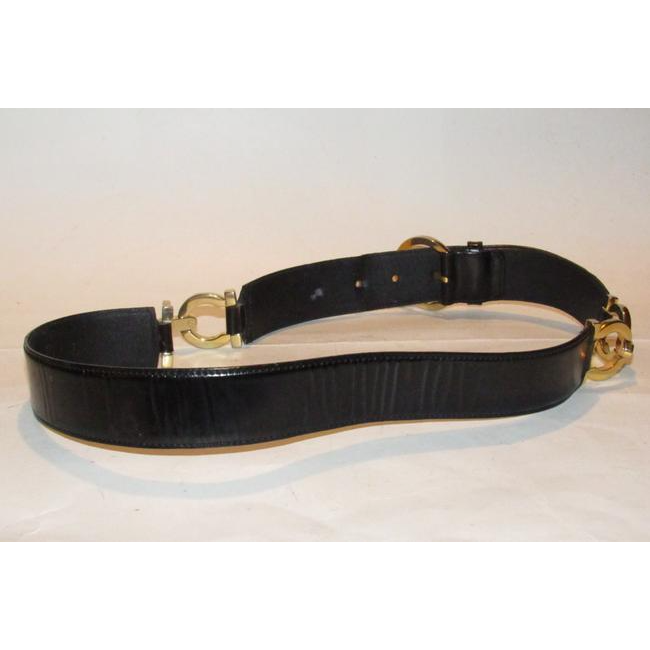 Ferragamo Black Leather Belt w Gold Gancini Accents