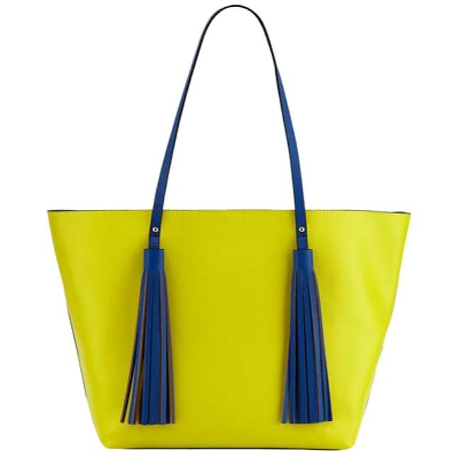 Neiman Marcus Yellow And Royal Blue Faux Leather With Tassel Tote