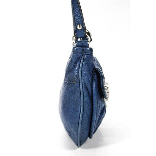 B Makowsky Denim Blue With Bold Chrome Accents Leather Cross Body Bag