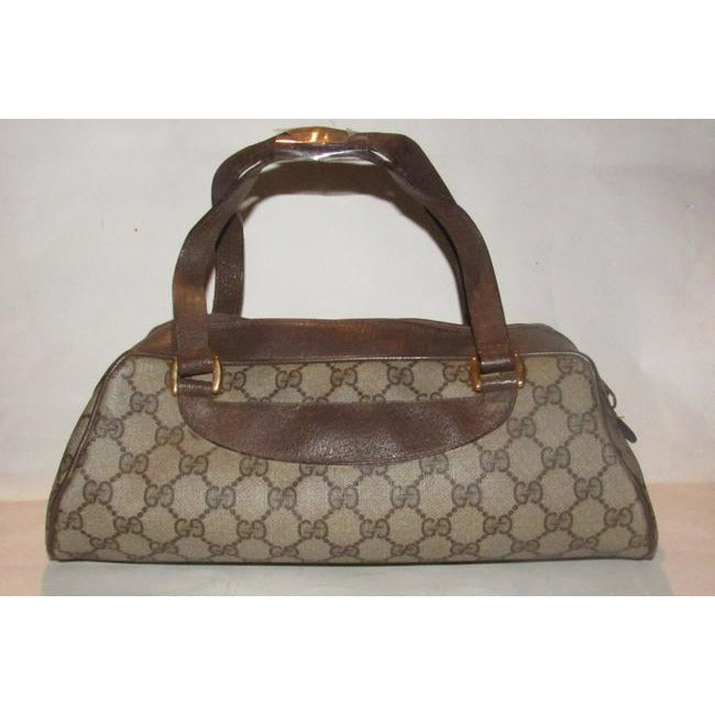 Gucci Vintage Purses Brown Large G Logo Print Coated Canvas And Brown Leather Satchel