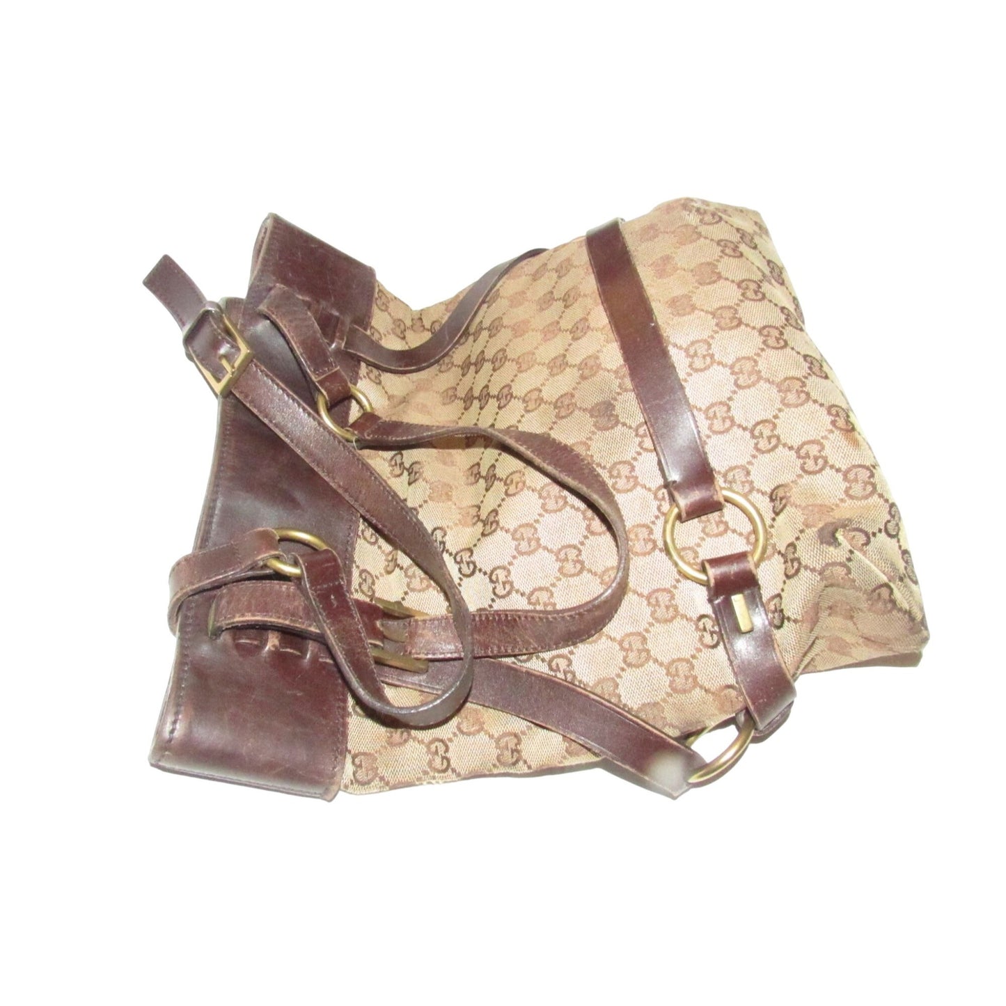 Gucci brown Guccissima print canvas & leather strappy cylindrical tote with brass accents