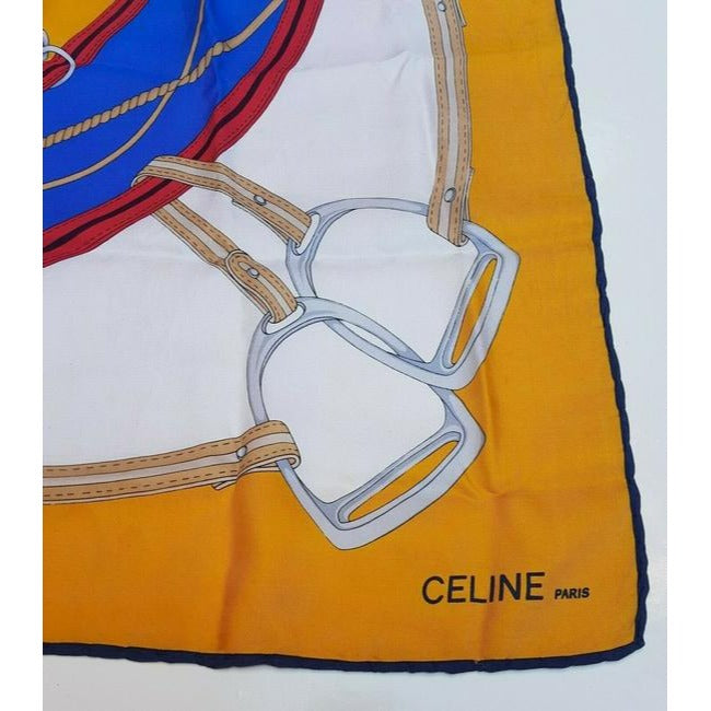 Celine Blue Red Grey Gold Equestrian Print Silk Scarf