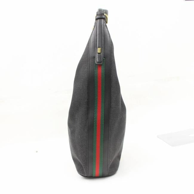 Gucci Denim Leather Dual Zip Top With Red Green Sides Leather And Canvas Hobo Bag