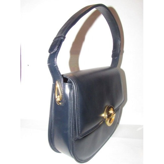 Vintage, RARE, Gucci, mod, deep blue leather, 1973 line , shoulder purse with bold gold tone accents