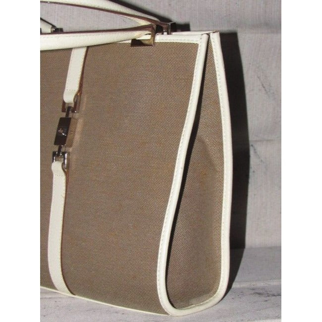 Gucci Bardot Vintage White Leather And Khaki Canvas With Chrome Hardware Hobo