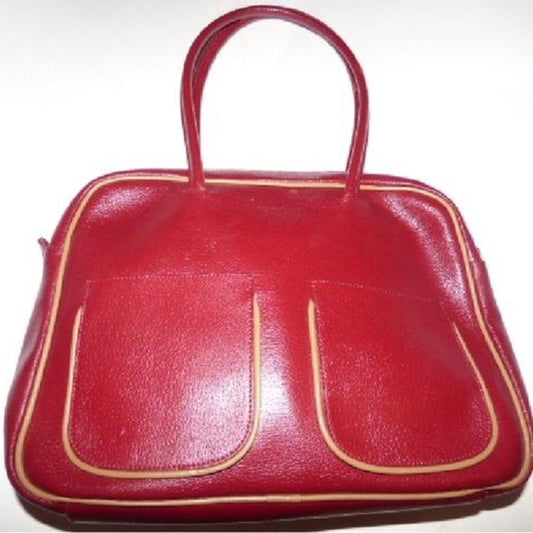 Vintage Furla deep red leather satchel style purse with tan piping, two handles, & two front pockets