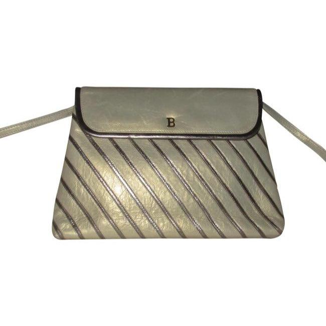 Bally Vintage Pursesdesigner Purses Greenish Gold Leather With Silver Striped Accents Shoulder Bag