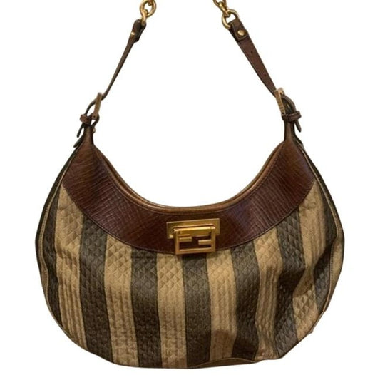 Fendi Brown Wide Pequin Stripe Print Leather & Quilted Canvas Hobo