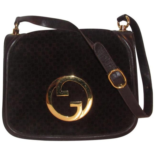 Gucci Blondie, brown square G logo print suede and brown leather, saddle bag style, shoulder bag with large, gold 'GG' cut-out