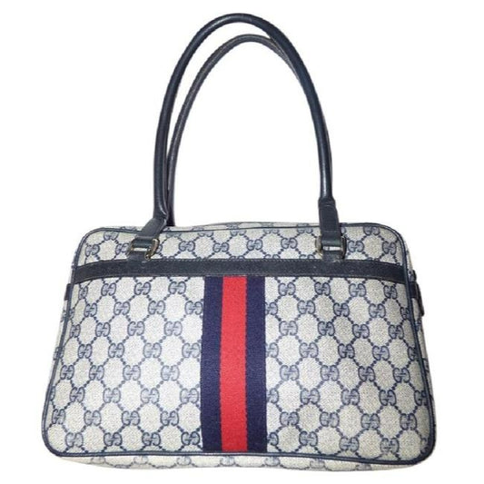 Gucci Guccissima Print Canvasleather Top Handle With Navy G Logoredblue Stripe Leathercoated Canvas
