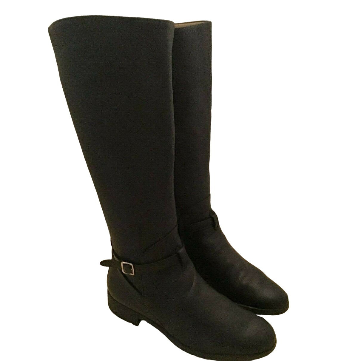 Bally Switzerland, size 9.5, black leather riding boots with chrome hardware, side zippers, almond toes and 1.5" block heels