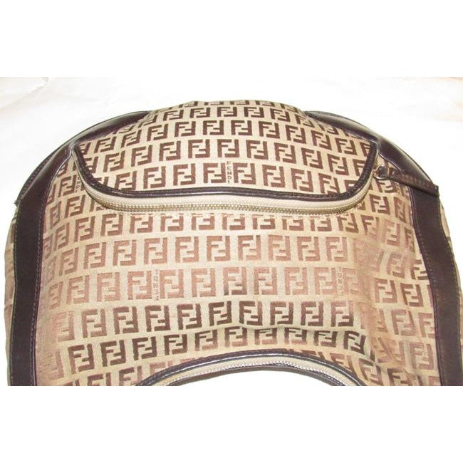 Fendi Chef Shoulder Purse Brown Zucchino Or Small F Logo Print Light Brown On Canvas And Brown Leath