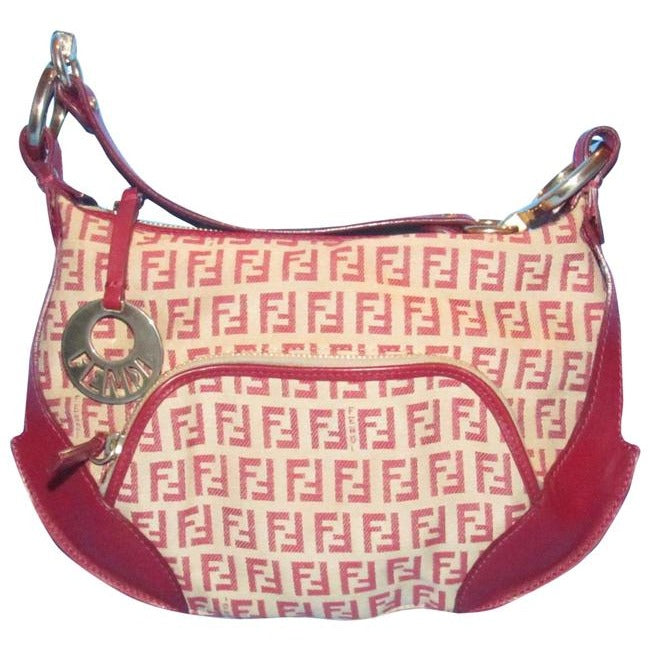 Fendi Chef Shoulder Purse Red Zucchino Print On Tan Leather And Canvas Hobo Bag