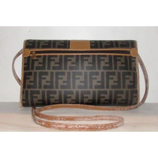 Fendi Clutch Zucca Print Two Way Style Cross Bodyshoulder Purse Or Brown Large F Logo Coated Canvas