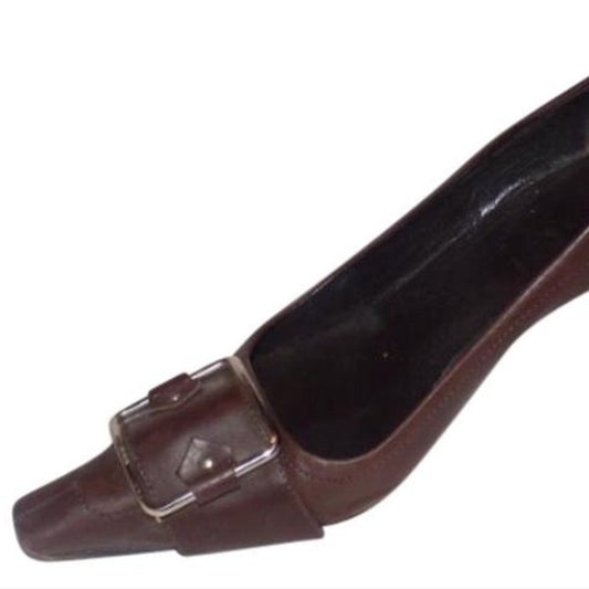 Prada Brown Leather Squared Pointy Toe Kitten Heel  Pumps with Chrome Buckles