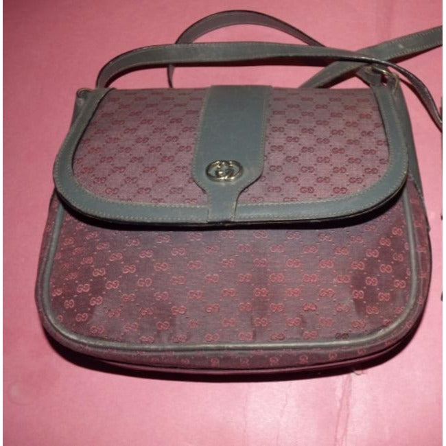 Gucci Vintage Grey Leather And Canvas With Pinkish Red Small G Logo