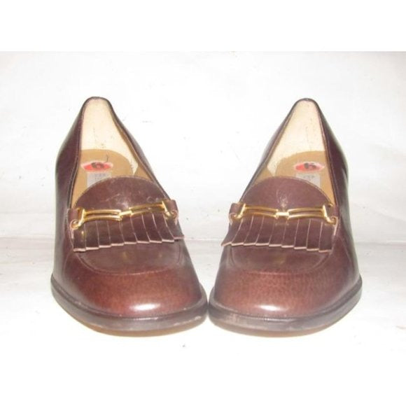 Etienne Aigner Brown Leather 2.5" square heel loafer with a tassel and gold horse-bit accent