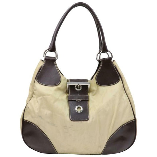 Prada Xl Hobo Style Shoulder Purse Champagne Nylon And Brown Leather With Chrome Hardware Satchel