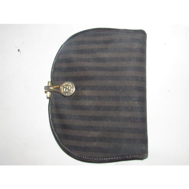 Fendi Black Grey And Brown Thin Striped Print Coated Canvas And Black Leather Vintage Wallet