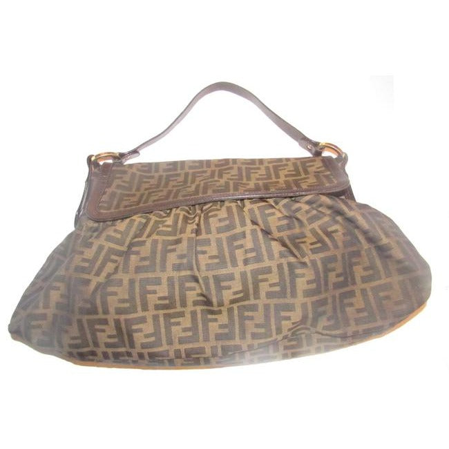 Fendi Xl Ruched Canvasleather Chef Style Tobacco Zucco Print Leather And Canvas Shoulder Bag