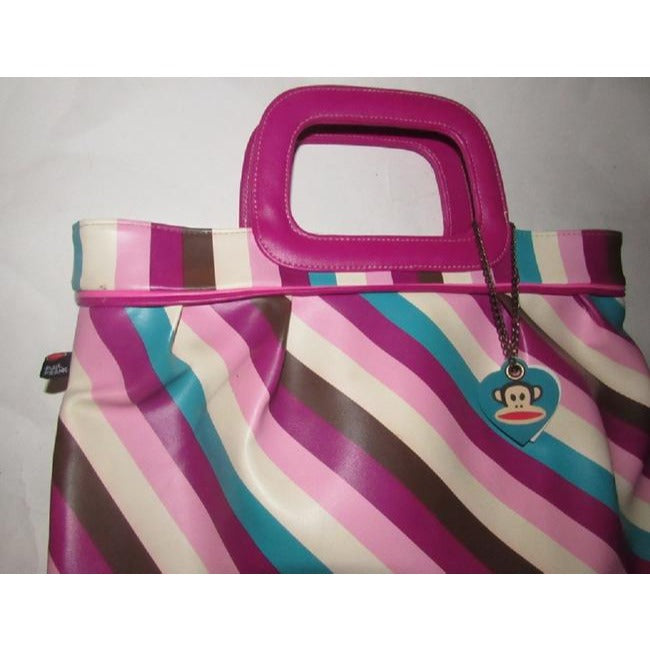 Paul Frank Pursesdesigner Purses Ivory Turquoise Plum And Lavender Striped Print Pvc Tote