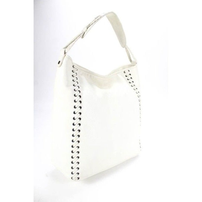 Dior Xl Hobo Style Purses White Leather With Chrome Grommets With Woven Lacing Design And Braided St