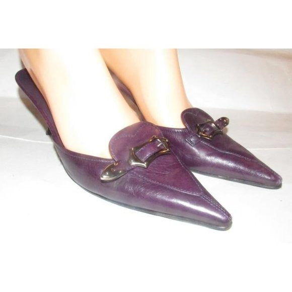 PRADA Purple Leather w Chrome Buckle Kitten Heels