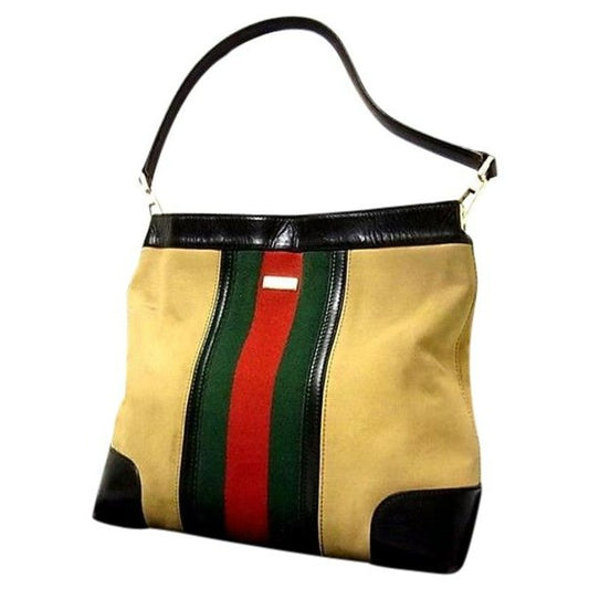 Gucci Vintage Pursesdesigner Purses Tan Canvas With Redgreen Shelly Stripe And Brown Leather Leather