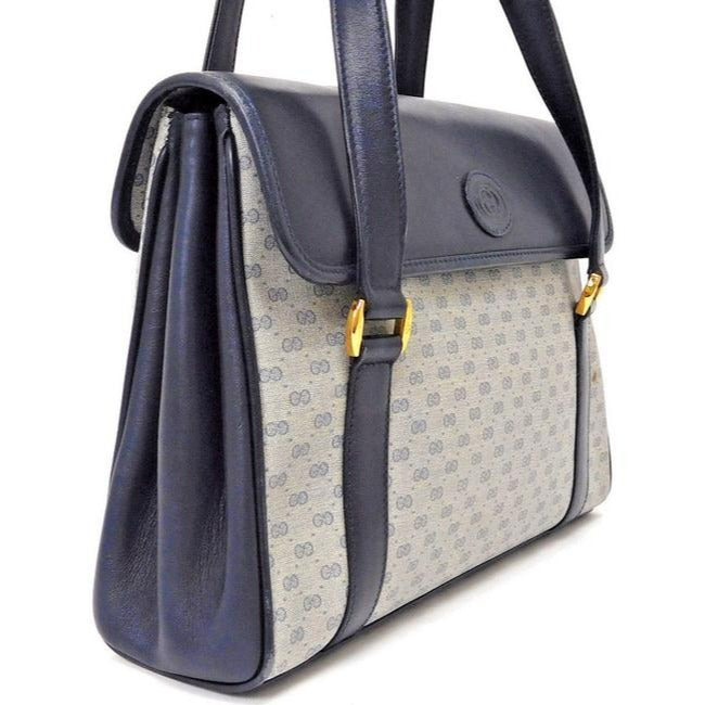 Gucci Vintage Navy Blue Small G Print Coated Canvas And Leather Satchel