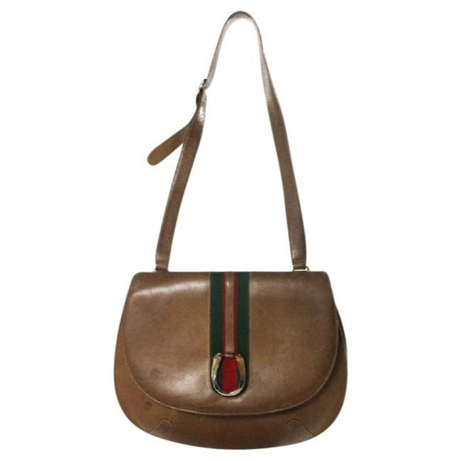 Gucci Vintage Tan Medium Brown Leather With Red Green Center Stripe