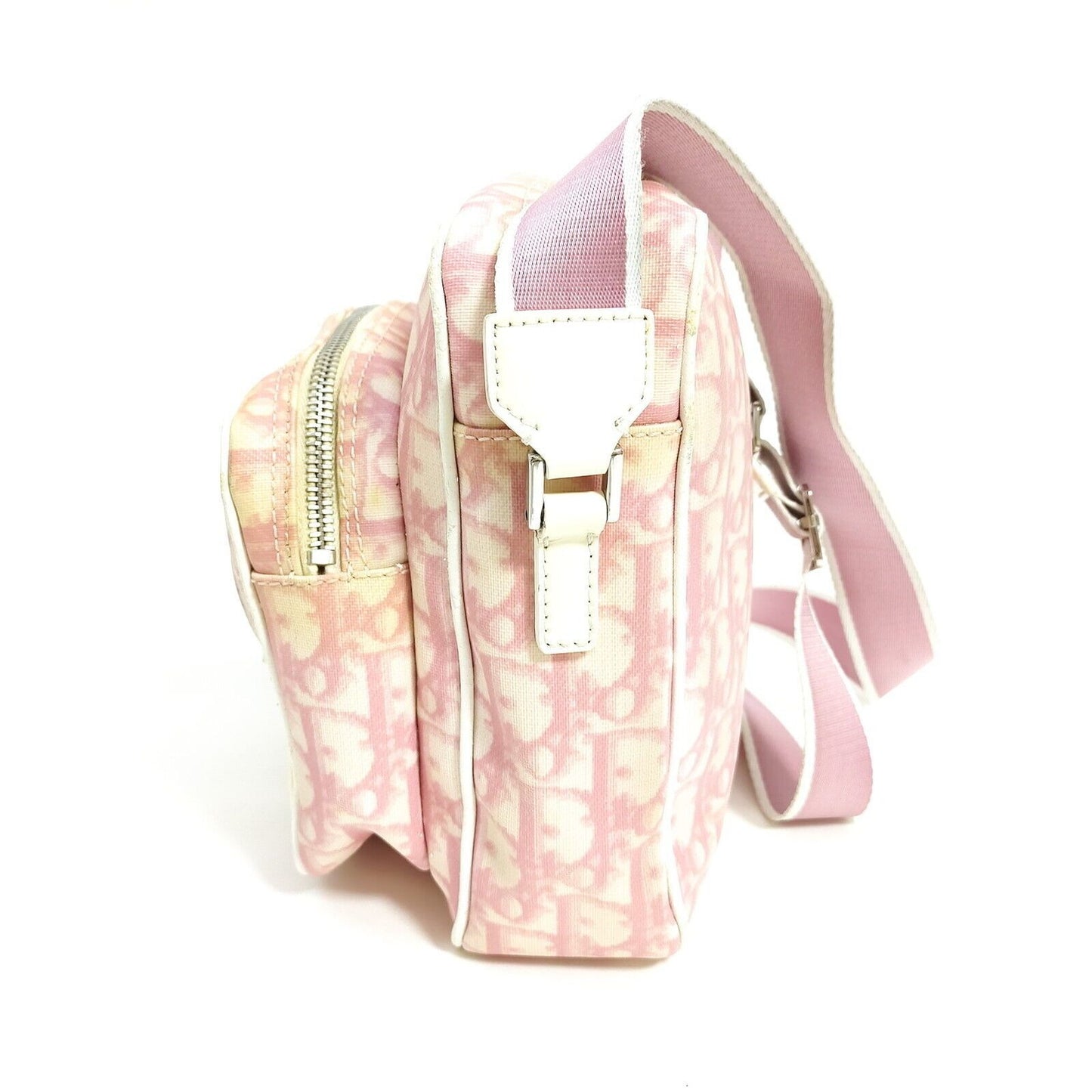 Christian Dior, pink and white trotter print canvas and white patent leather cross body with a structured, rectangular shape