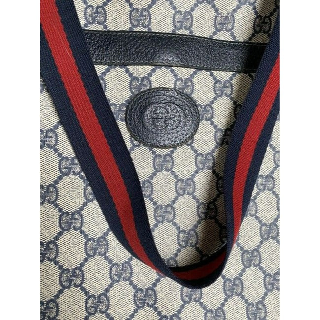 Gucci Navy Guccissima Print Canvas And Leather GG Supreme Tote Bag with Red & Blue Striped Handles