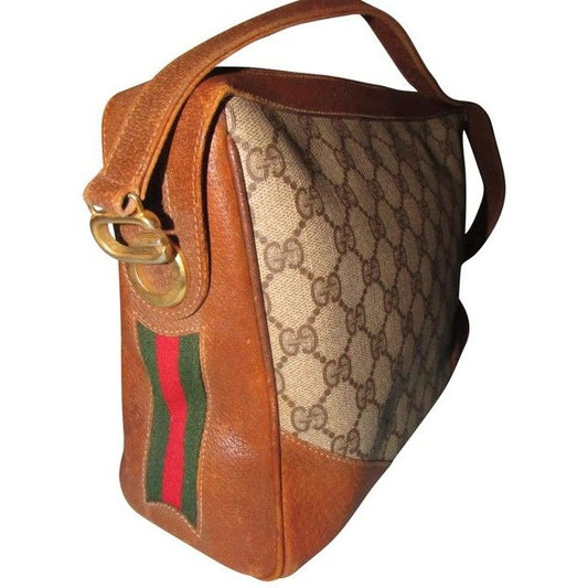 Gucci Sale Designer Purses Large G Logo Print Coated Canvas Brown Leather Red And Green Striped Sides